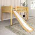 Natural pine kids loft bed with built-in slide and ladder in a neutral modern farmhouse bedroom — space-saving wooden bunk bed with rug and potted plant