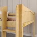Close-up of solid light wood bunk bed ladder and safety rail with natural finish in a neutral kids' bedroom, space‑saving twin-over-twin bunk bed design