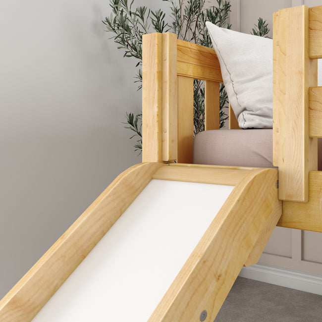 AMAZING NS : Play Loft Beds Full Low Loft Bed with Slide and Straight Ladder on Front, Slat, Natural