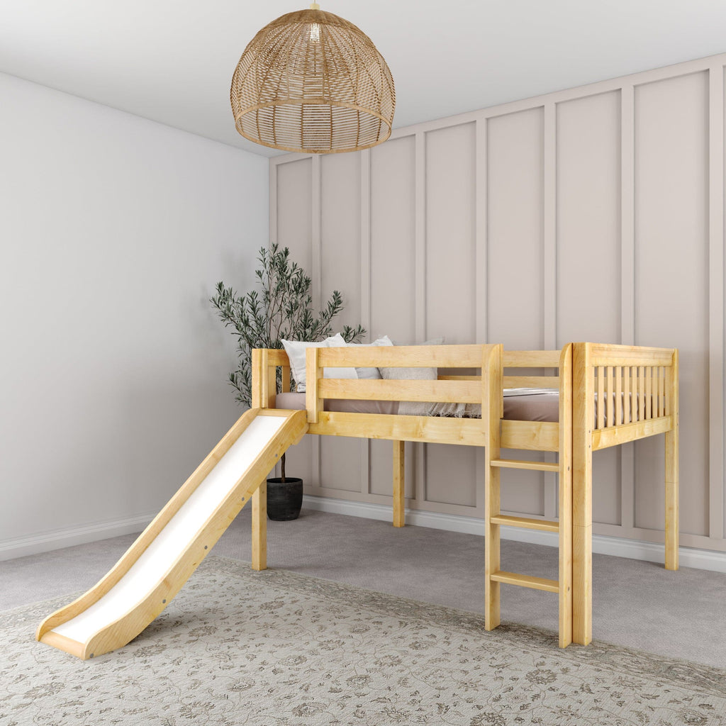 Natural wood kids loft bed with slide and ladder in a minimalist neutral bedroom with wicker pendant light and potted plant