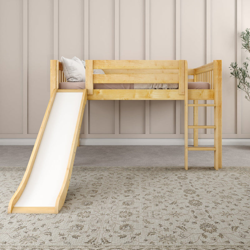 Natural wood kids loft bed with slide and ladder in a neutral nursery featuring a beige paneled wall, soft pillows and patterned rug