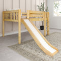 Wooden kids loft bed with slide and ladder in a neutral bedroom, natural wood finish, beige bedding, pillows and potted plant by window