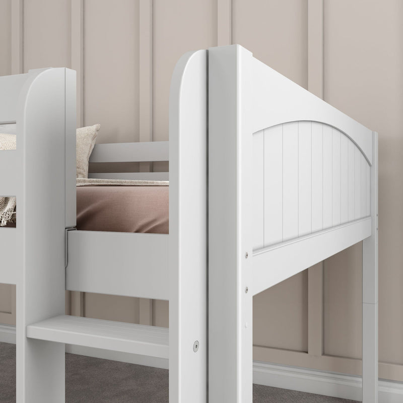 White wooden twin-over-twin bunk bed with built-in ladder and arched panel headboard in neutral kids bedroom