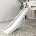 White wooden children's loft bed with slide in modern neutral kids' bedroom featuring beige rug and decorative potted plant