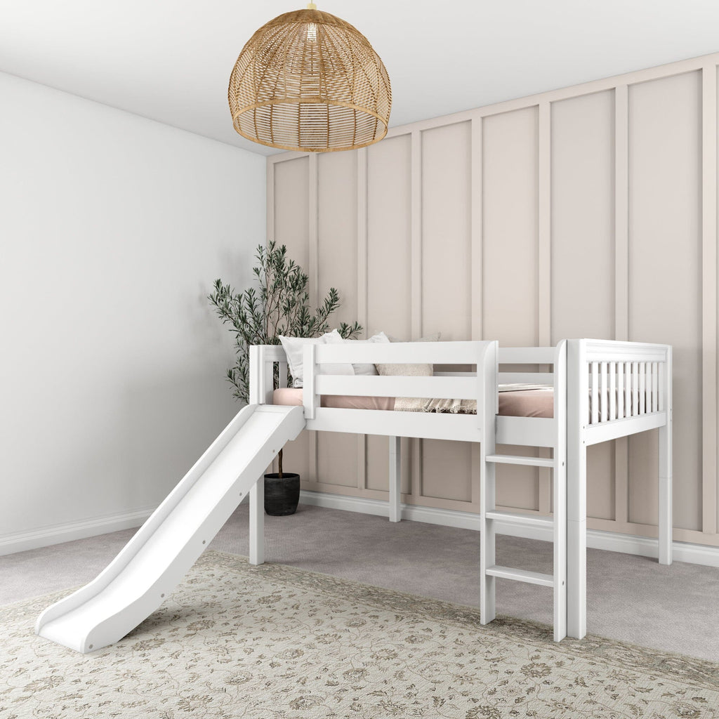 White kids loft bed with slide and ladder in modern neutral nursery with pink bedding, rattan pendant light and potted plant