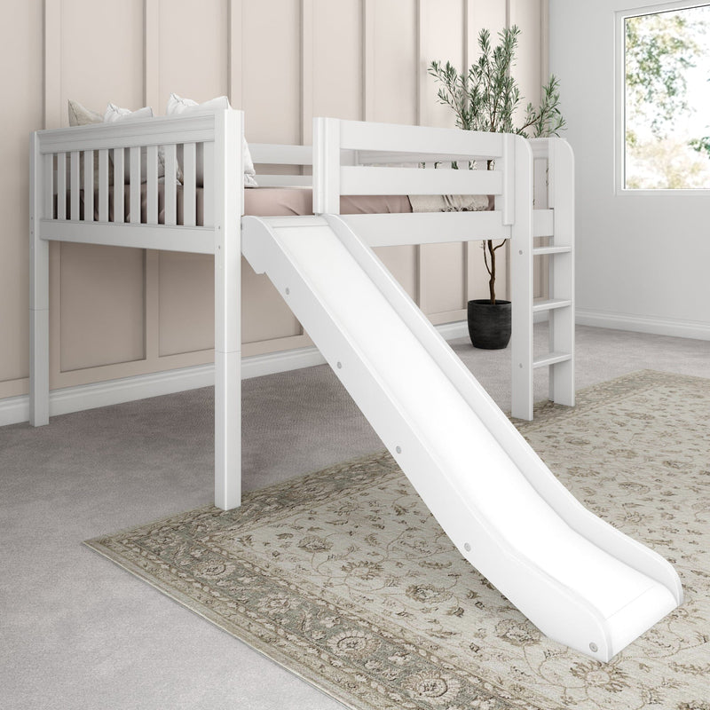 White wooden loft bed with slide and ladder in modern neutral kids' bedroom, beige paneled wall, potted plant and patterned rug