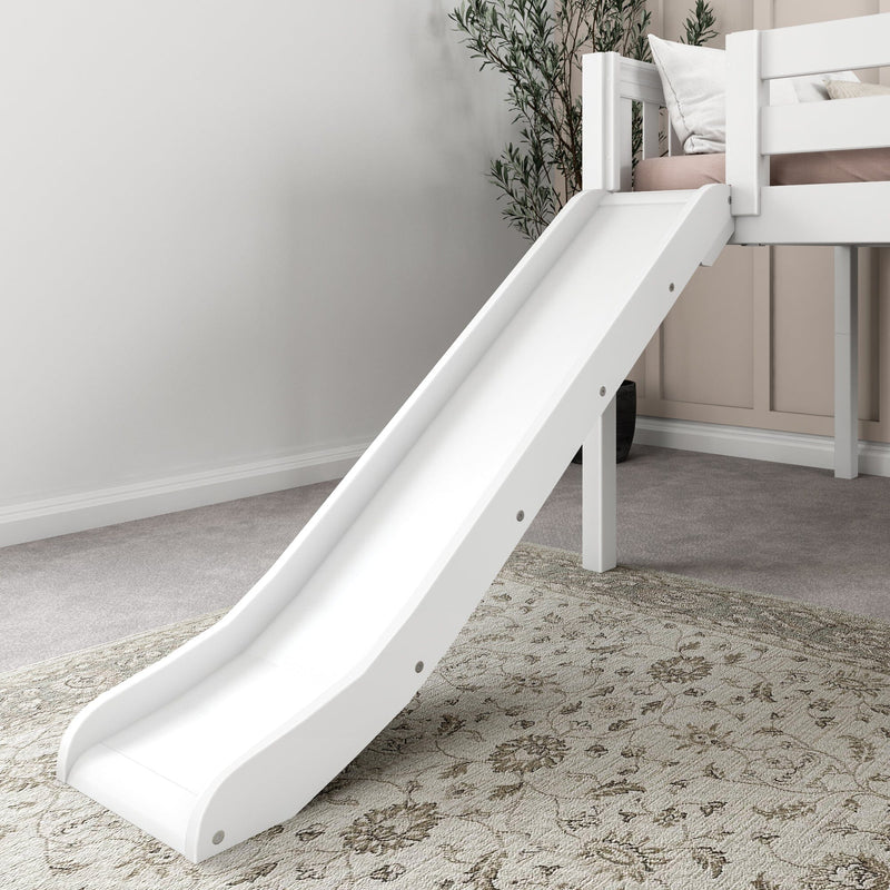 White wooden loft bed with slide for kids in modern neutral bedroom — pink mattress, white pillows, indoor plant and patterned rug