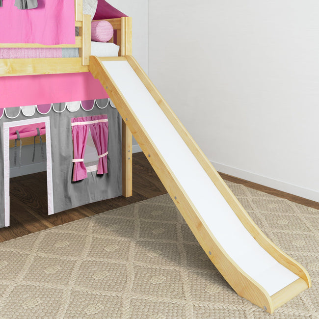 AWESOME57 NS : Play Loft Beds Twin Mid Loft Bed with Straight Ladder, Curtain, Top Tent + Slide, Slat, Natural