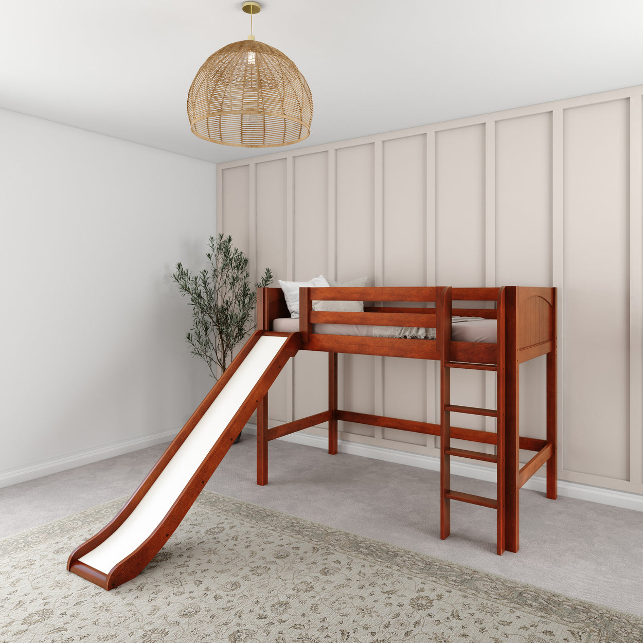 Children's wooden loft bed with slide in modern bedroom, featuring elegant decor and soft lighting.