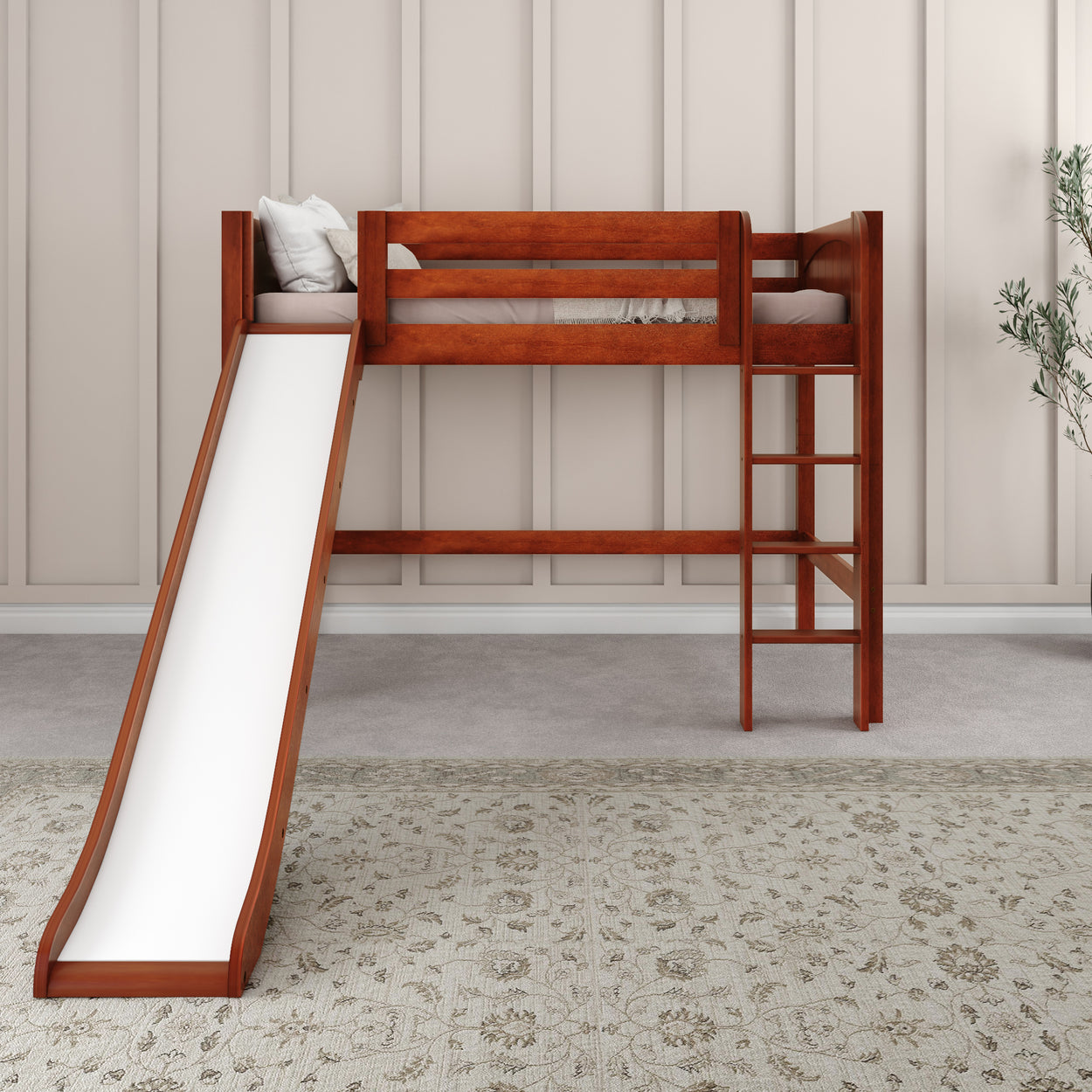 Wooden loft bed with slide and ladder in modern children's room.