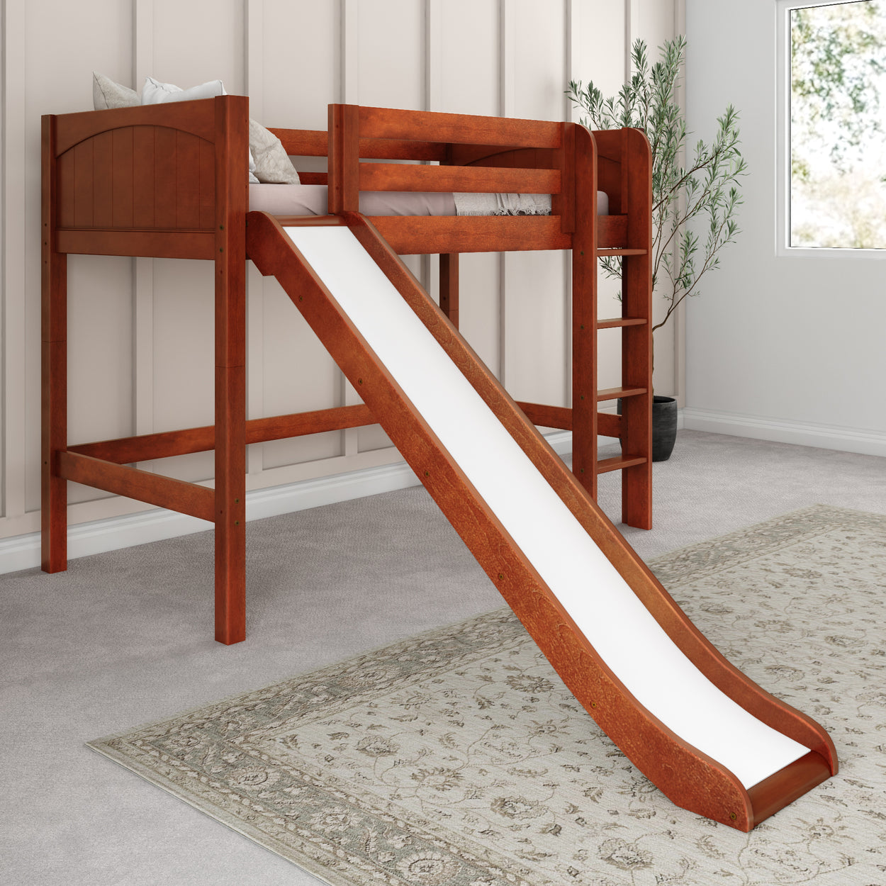 Wooden loft bed with slide in a modern bedroom setting.