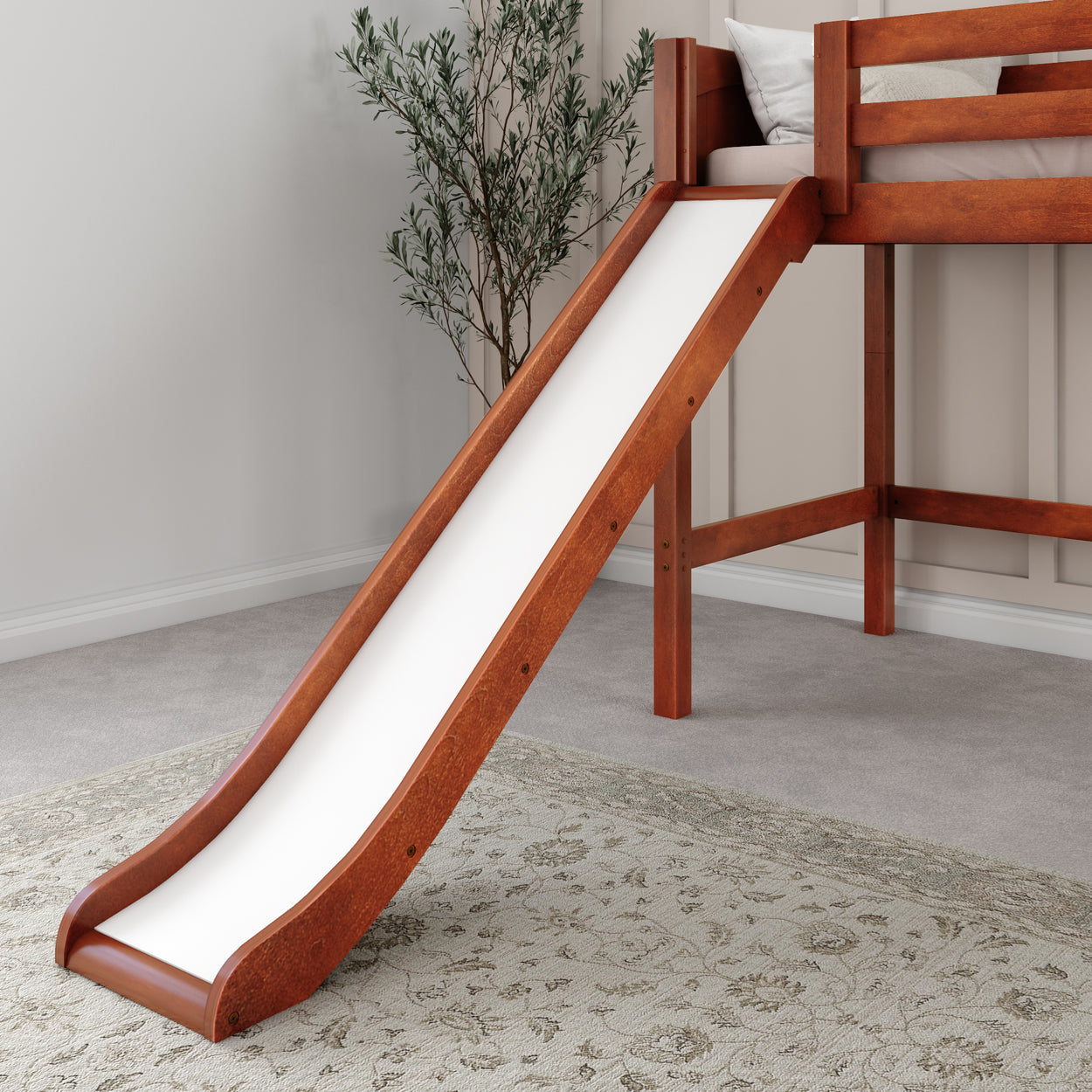 Wooden loft bed with slide in modern bedroom.