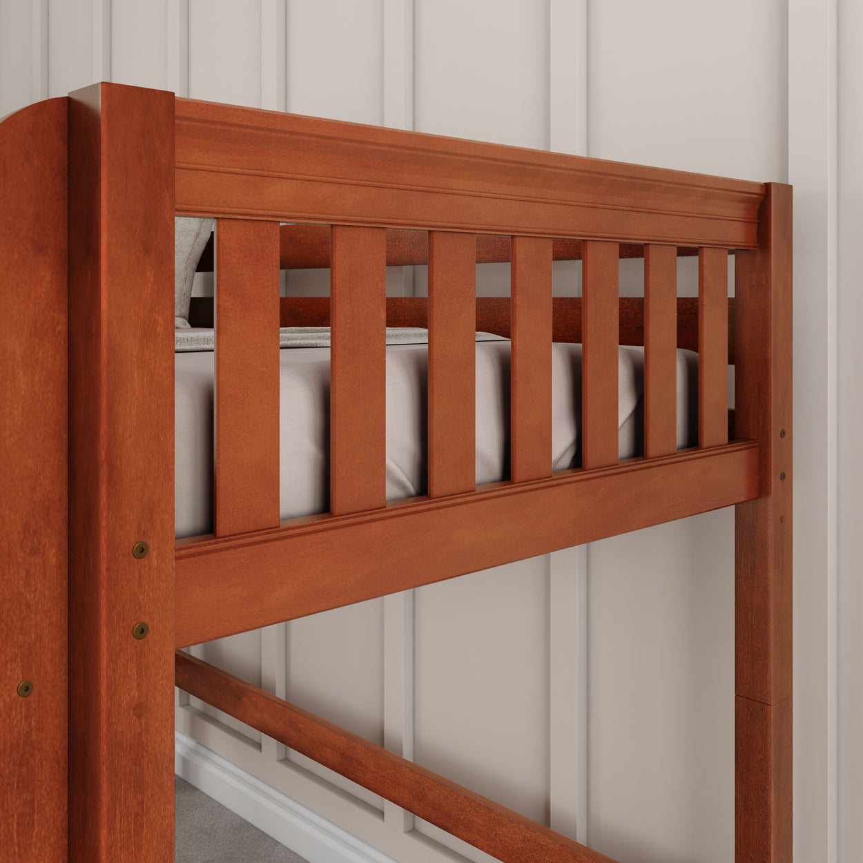 Wooden crib with slatted design in a modern nursery setting.