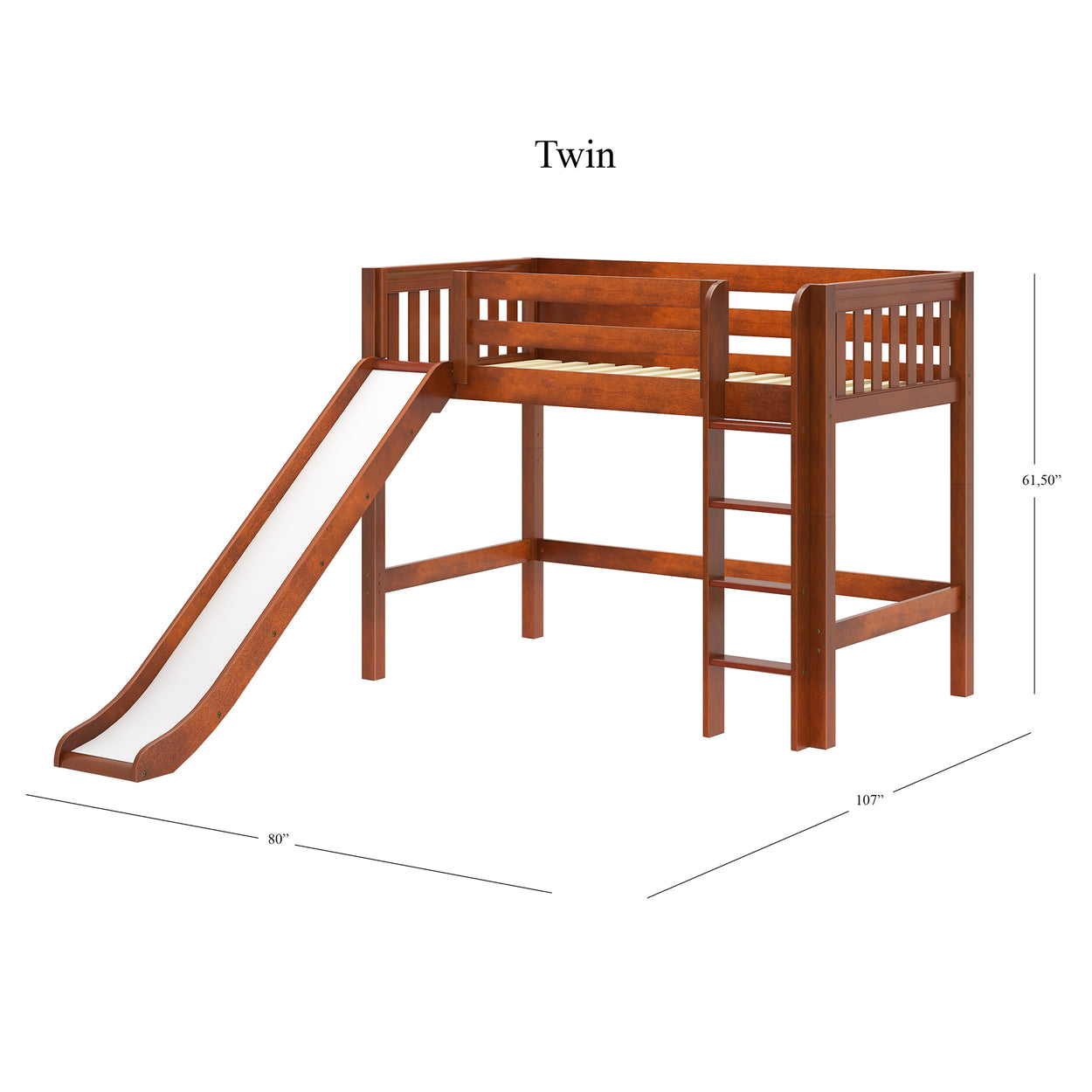 Twin loft bed with slide, wood frame, ladder access, ideal for kids' bedroom furniture.