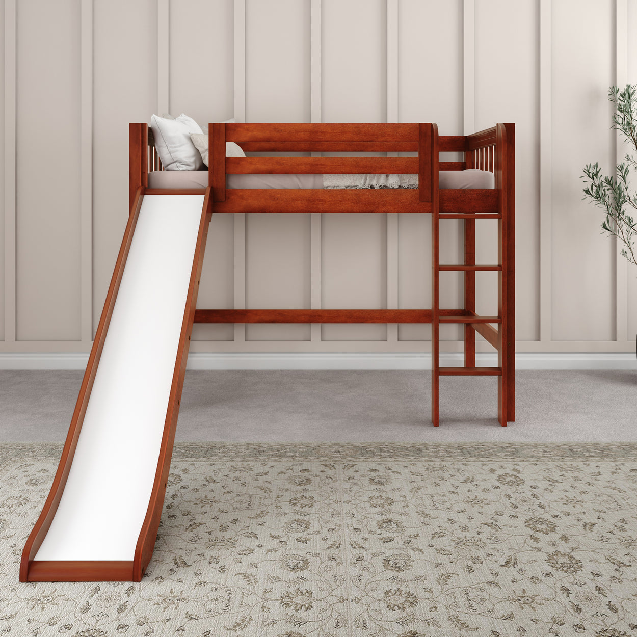 Wooden loft bed with slide and ladder in a modern children's bedroom.