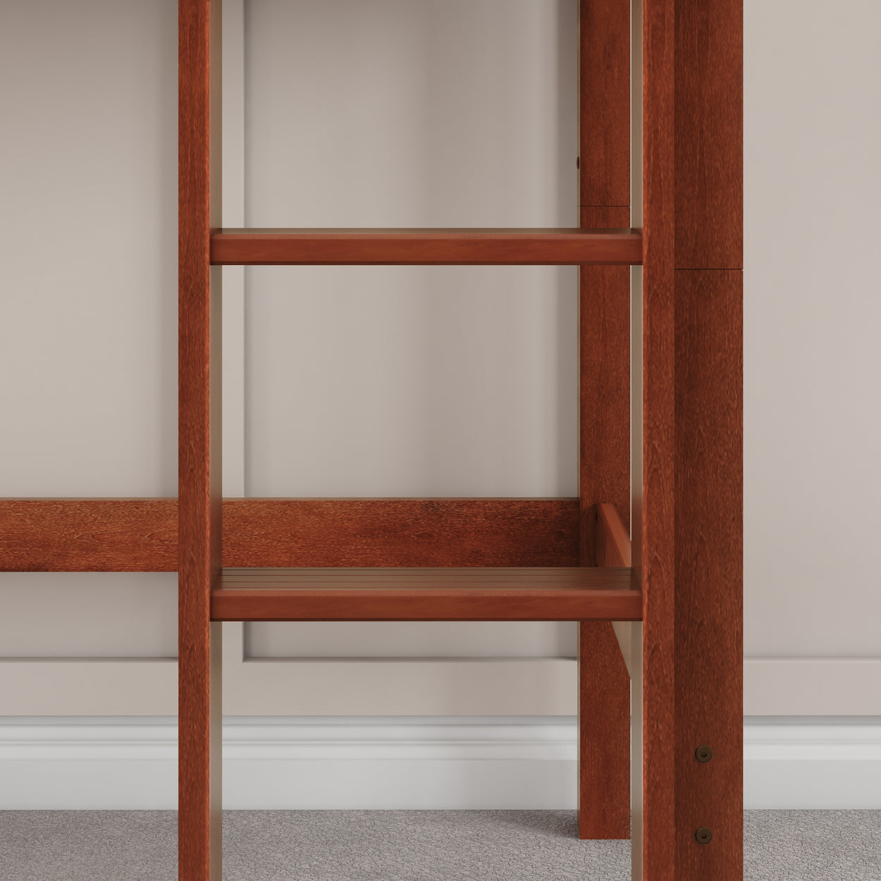 Red wooden ladder against a light wall in a modern interior room.