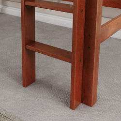 Rustic wooden bunk bed ladder detail on gray carpet flooring.