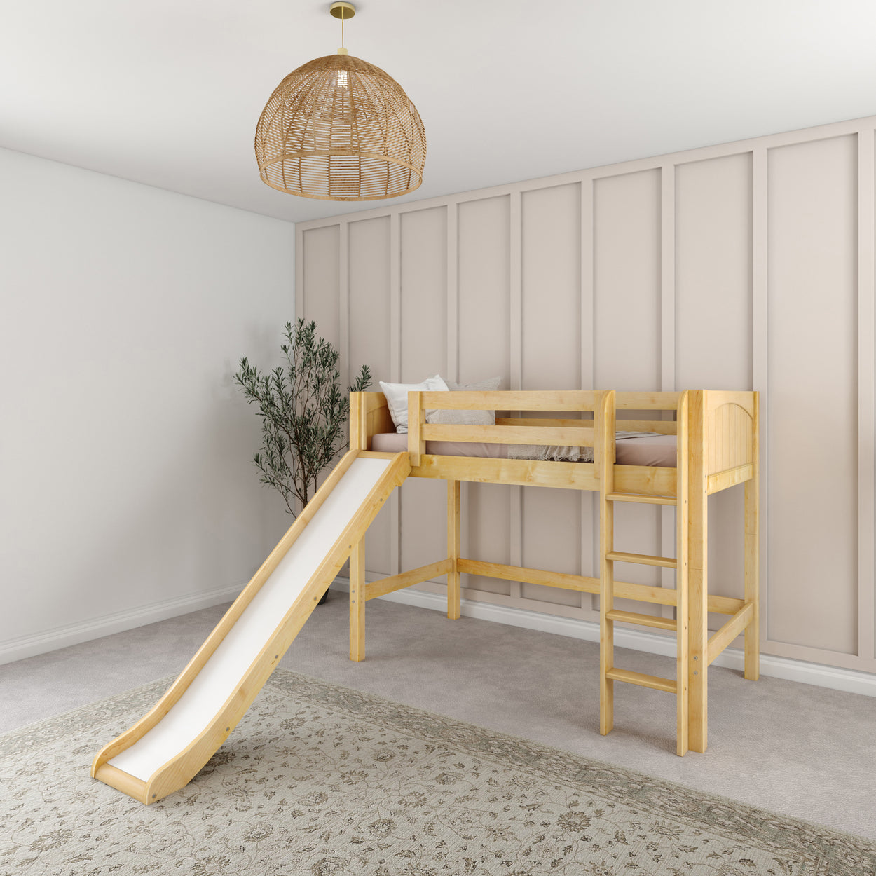 Children's wooden loft bed with slide in a modern bedroom.