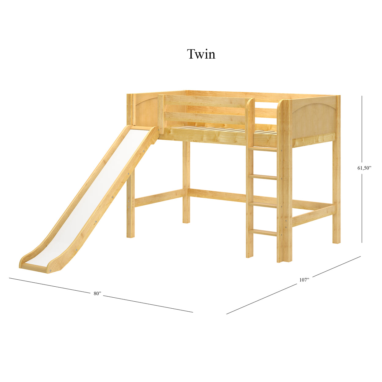 Twin loft bed with slide and ladder, natural wood finish, 61.5 inches tall.