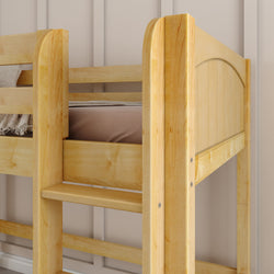 Wooden bunk bed with natural finish and beige wall background.