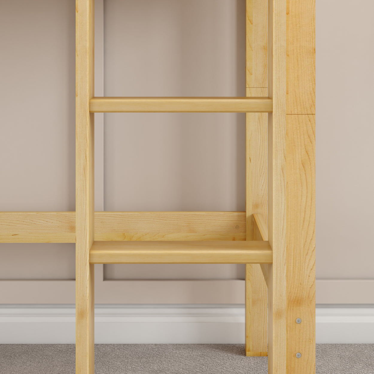 Wooden ladder shelf against a beige wall in modern interior design setting.