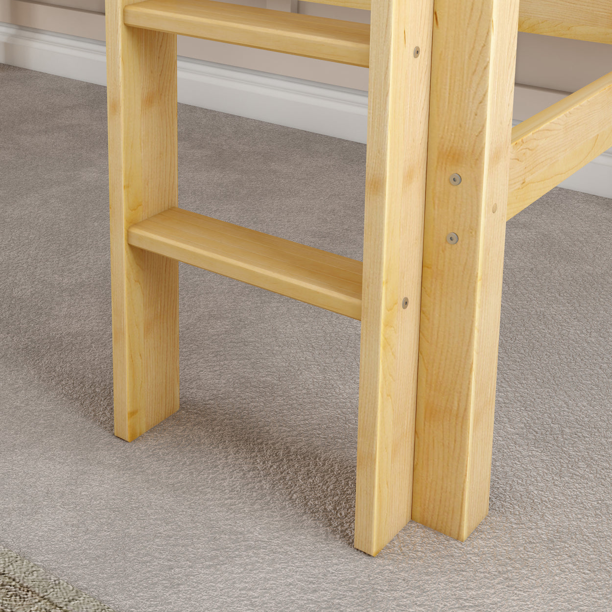 Wooden bunk bed ladder close-up on carpeted floor.