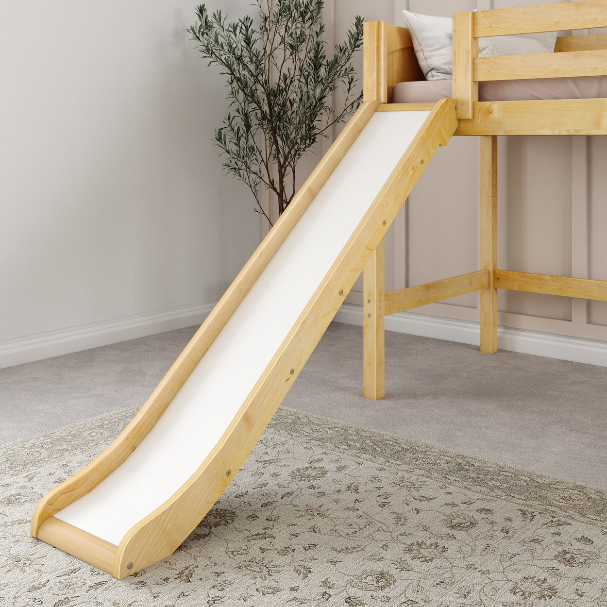 Wooden bunk bed with slide in a modern kids' room.