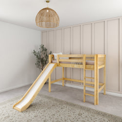 Wooden loft bed with slide in a children's bedroom featuring beige walls and decorative plant.