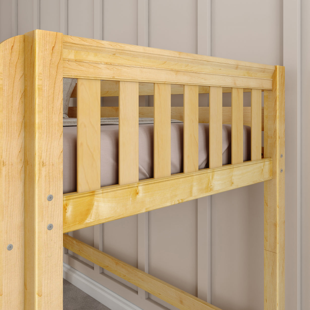 Wooden bunk bed frame in a cozy bedroom setting.