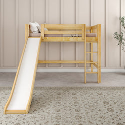 Kids' wooden loft bed with slide and ladder in modern bedroom interior.