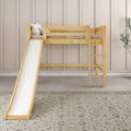 Natural wood kids loft bed with slide and ladder in a neutral beige nursery or playroom with soft pillows and patterned rug