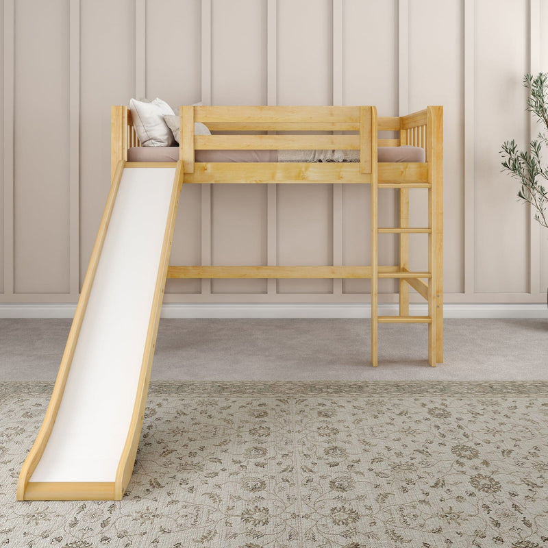 Natural wood kids loft bed with slide and ladder in a neutral beige nursery or playroom with soft pillows and patterned rug
