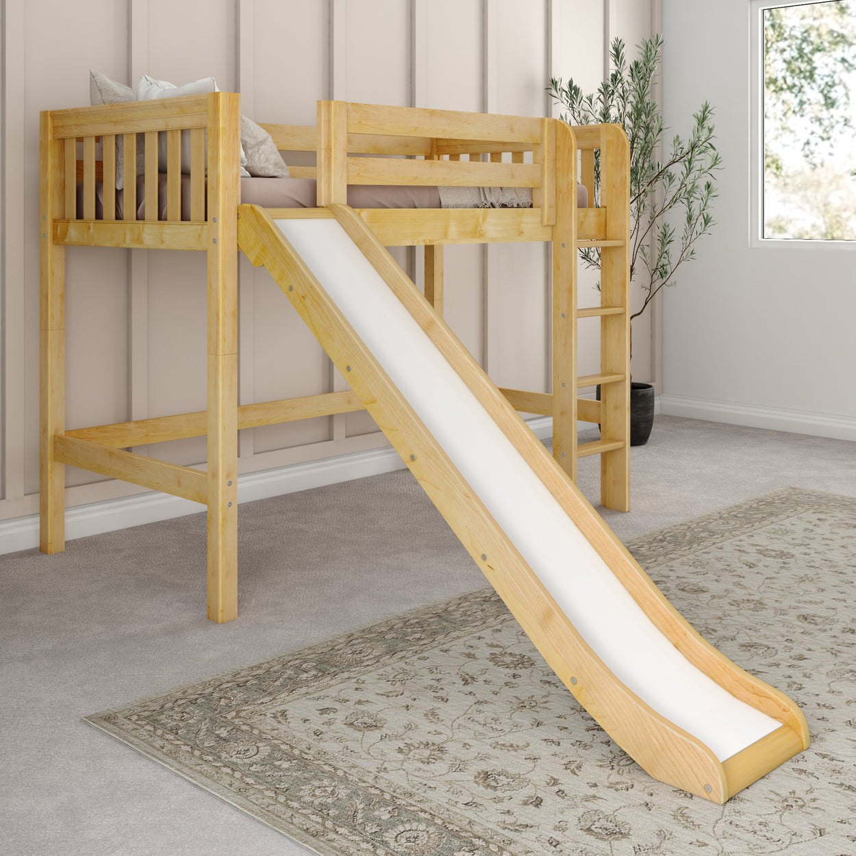 Wooden loft bed with slide in a modern children's bedroom featuring neutral decor.
