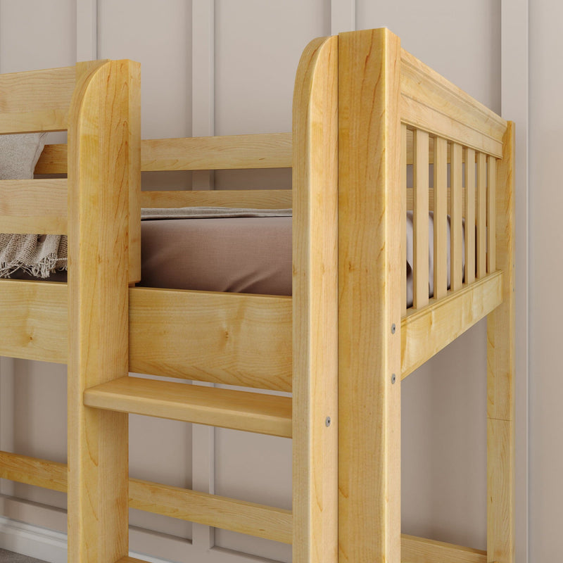 Close-up of solid light wood bunk bed showing slatted guardrail, ladder rungs, beige bedding and neutral paneled bedroom wall