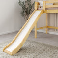 Modern wooden kids loft bed with slide in neutral children's bedroom, space-saving indoor play area