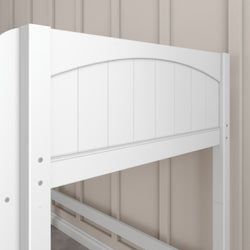 White wooden bed frame design against a beige paneled wall.