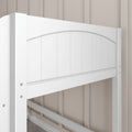White wooden arched headboard with vertical paneling, modern farmhouse bed frame detail against a beige paneled wall
