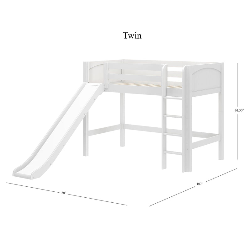 White twin loft bed with slide and ladder, elevated wooden kids bed with safety rails and slatted mattress support for playroom or bedroom