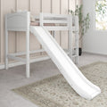 White wooden loft bed with slide and ladder in a neutral modern kids' bedroom, pink bedding, patterned rug and potted plant