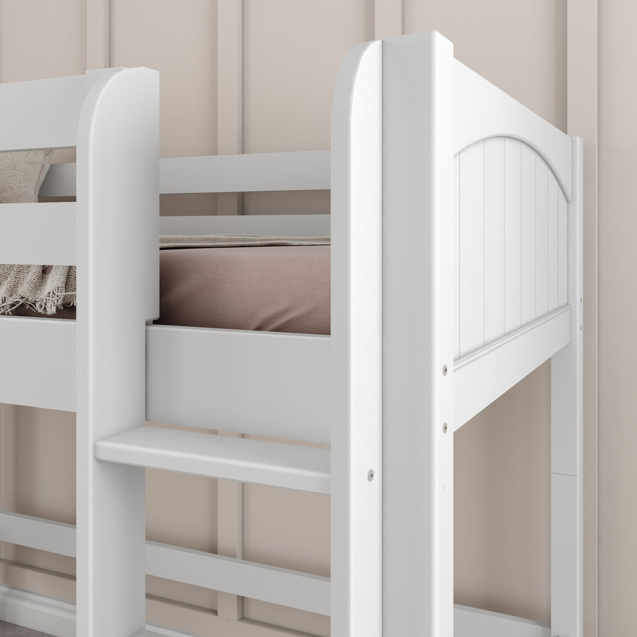 White wooden bunk bed with beige bedding in a modern bedroom setting.
