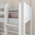 Close-up of white wooden bunk bed ladder and paneled end with beige wall and neutral bedding — modern kids' bunk bed for small bedrooms