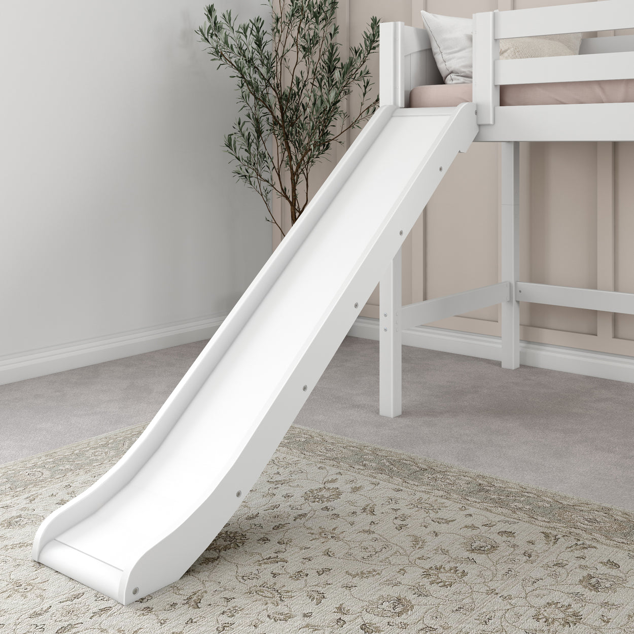 White loft bed with slide for kids in a modern bedroom setting.