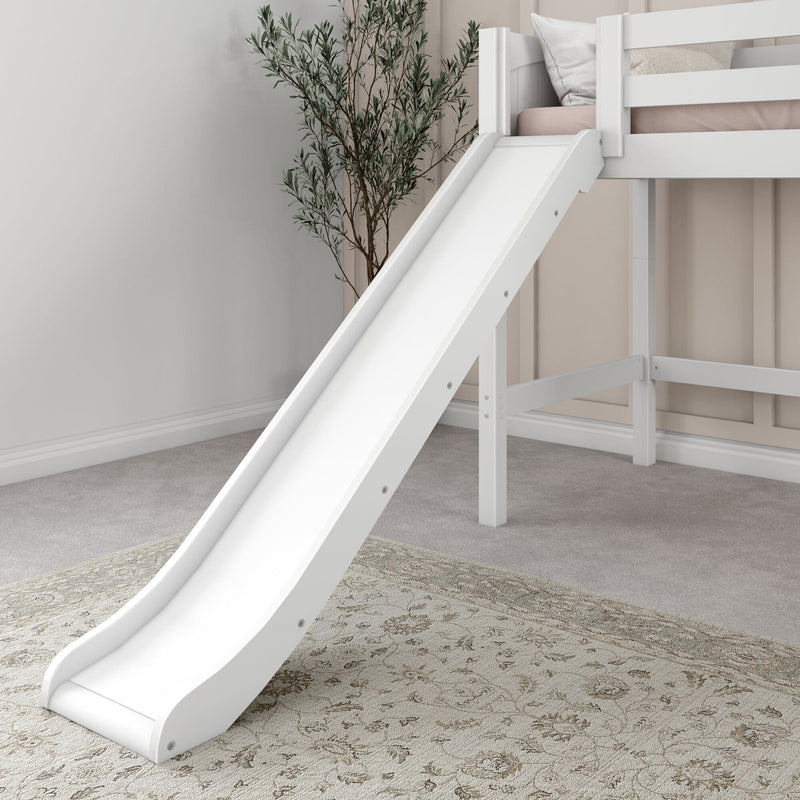 White wooden loft bed with slide in a modern neutral children's bedroom with beige patterned rug and potted plant