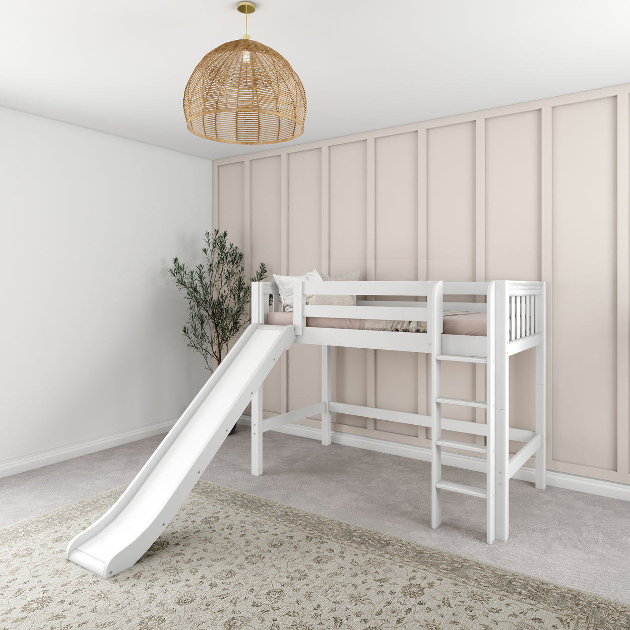 White loft bed with slide in modern children's bedroom featuring a woven pendant light and panel accent wall.