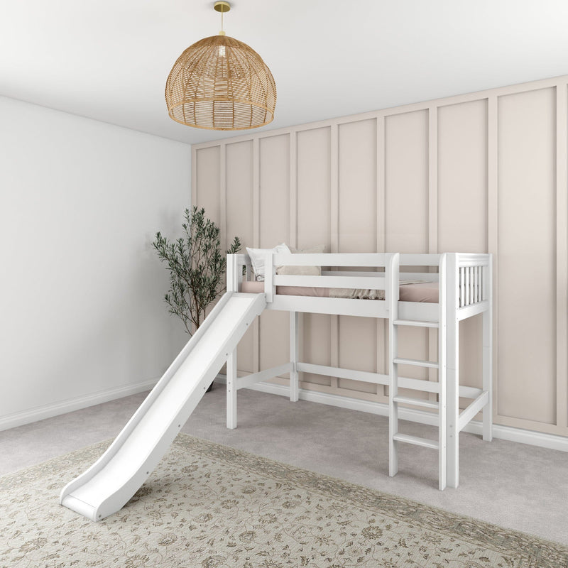 White loft bunk bed with slide in neutral children's bedroom with rattan pendant light, board-and-batten wall and potted plant