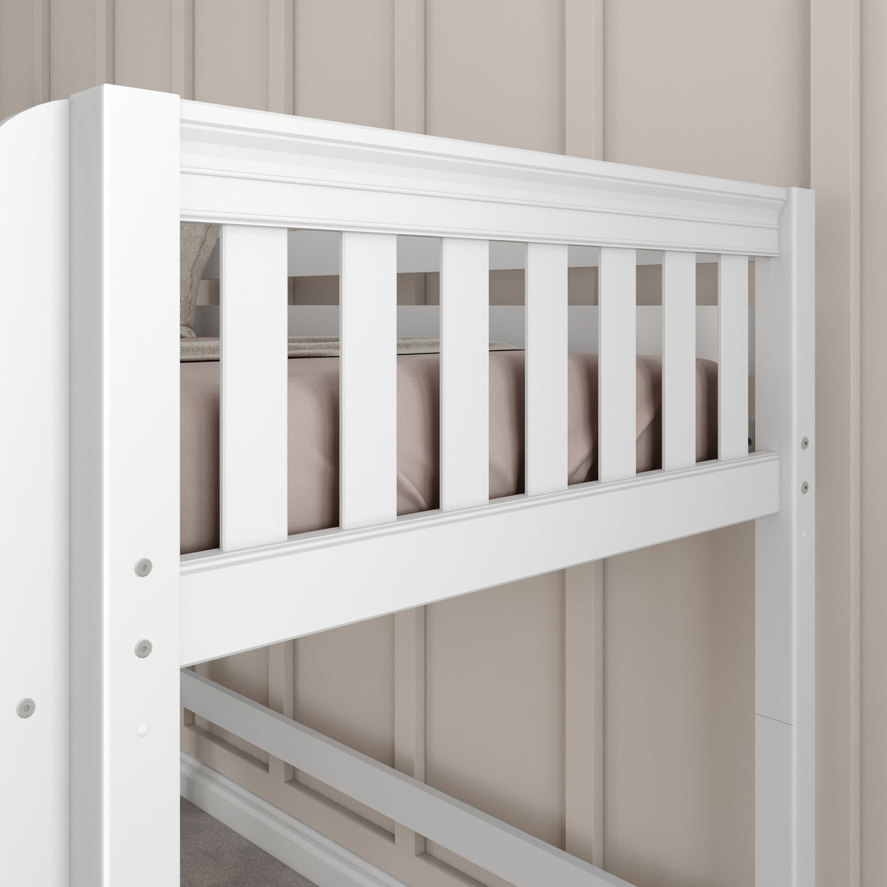 White loft bed with safety railing, modern bedroom furniture design.