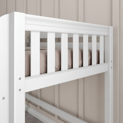 White loft bed with safety railing, modern bedroom furniture design.
