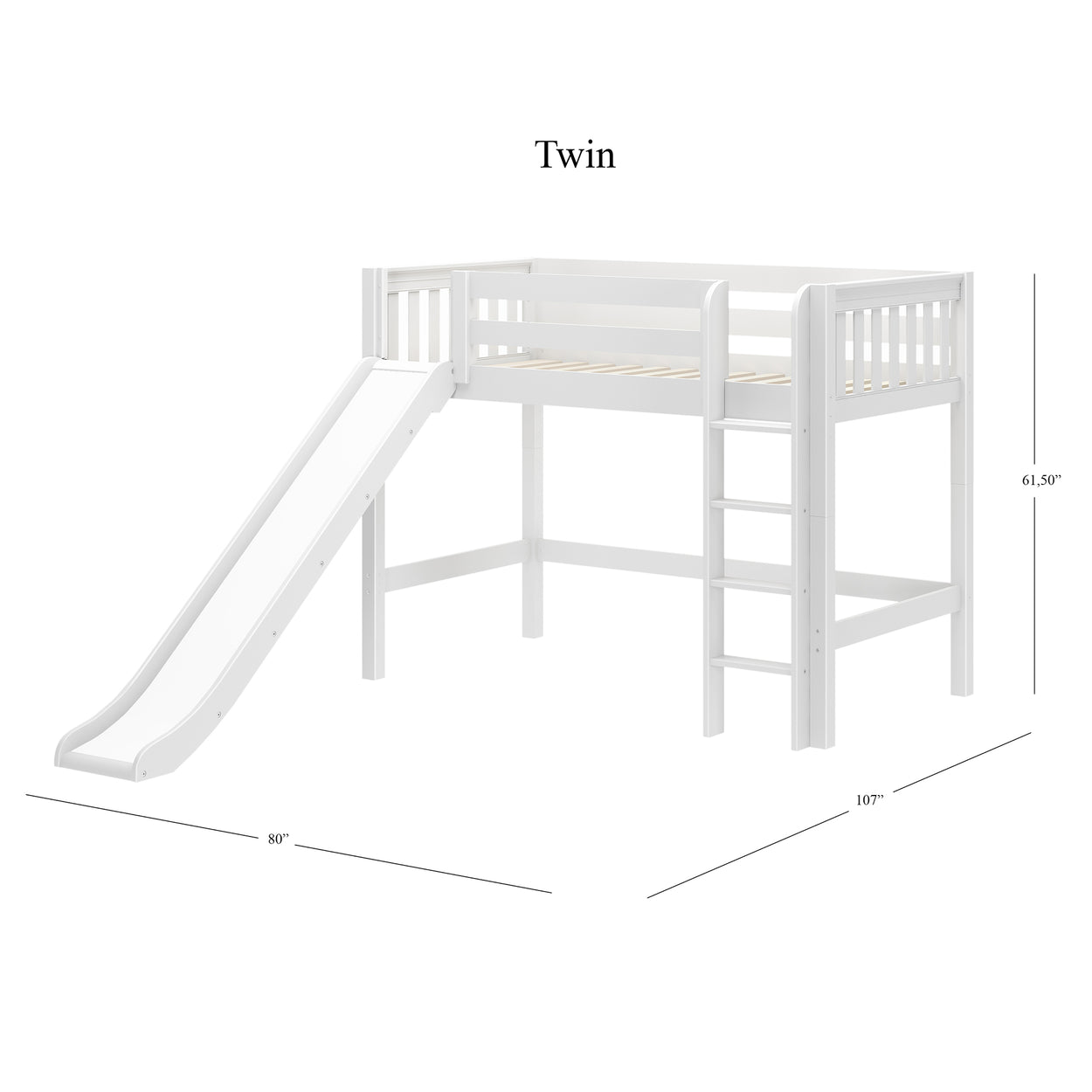 White twin loft bed with slide and ladder, dimensions 107x80x61.5 inches, ideal for kids' bedrooms.