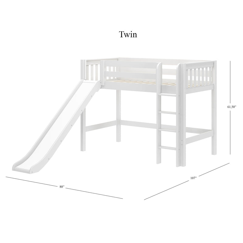 White twin loft bed with slide and ladder, white wooden children's loft bed with guardrails and under-bed play and storage space, 61.5 in height, space-saving modern design for kids' bedrooms