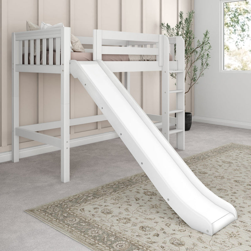 White wooden loft bed with slide and ladder in a modern neutral kids' bedroom with pink bedding, decorative pillows and potted plant